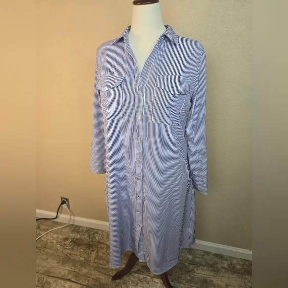 NY Collection Navy White Striped Shirt Dress Large (6129) - Picture 1 of 6